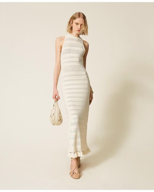 Twinset Natural Long Turtleneck Knit Dress With Ruffles