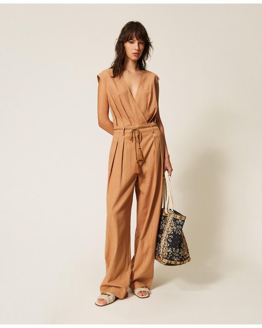 Twinset Natural Cotton Blend Striped Jumpsuit