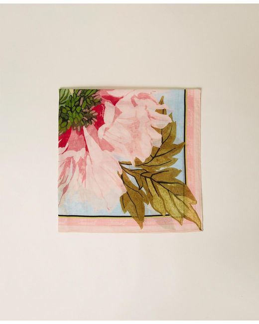 Twinset Pink Linen Blend Keffiyeh With Flowers