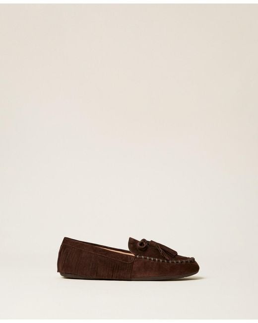 Twinset Natural Suede Loafers With Fringes