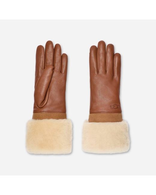 Ugg Brown Lederhandschuhe Mit Shearling-Bündchen Für Damen