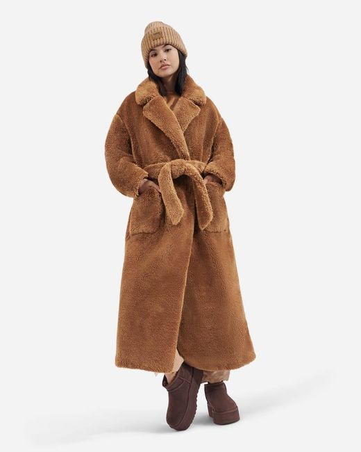 UGG Alesandra Faux Fur Wrap Coat in Brown | Lyst