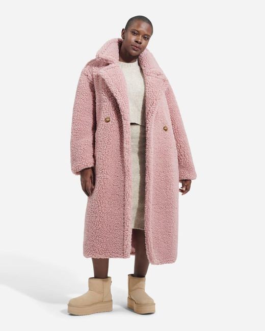UGG Gertrude Long Teddy Coat Faux Fur in Pink | Lyst UK