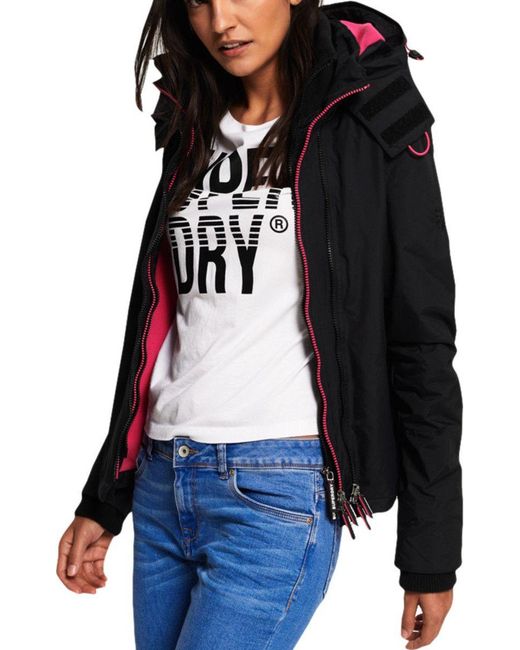 Superdry Fleece Pop Zip Hooded Arctic Sd-windcheater Jacket, Text-print  Pattern in Black/Raspberry (Black) - Save 27% | Lyst