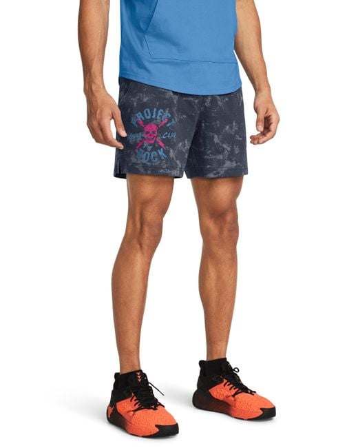 Under Armour Blue Project Rock Rival Terry Printed Shorts for men