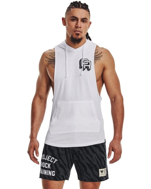 Under Armour White Project Rock Training Sleeveless Hoodie for men