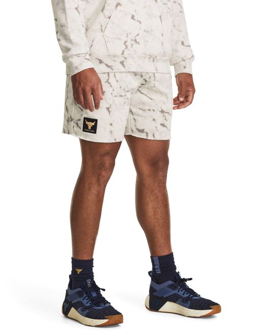 Under Armour White Project Rock Rival Fleece Printed Shorts for men