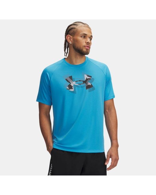 Under Armour Blue Spring Tech Print Short-Sleeve Performance Gym Top for men