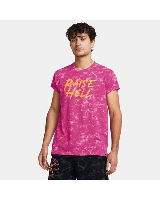 Under Armour Pink Project Rock Raise Hell Cap Sleeve T-Shirt Astro Nova for men