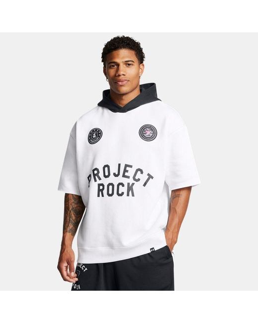 Under Armour White Project Rock Icon Fleece Badge Of Honor Short Sleeve Hoodie for men