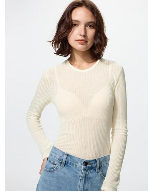 Uniqlo White Heattech Cashmere Blend Pointelle Long Sleeve T-Shirt