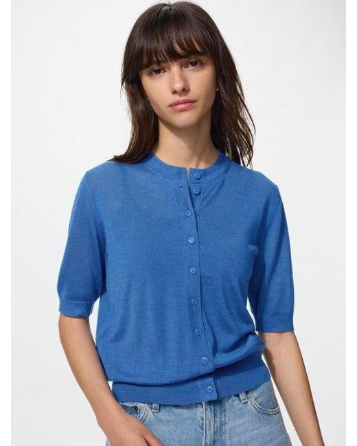 Uniqlo Blue Merino Silk Blend Crew Neck Cardigan (Short Sleeve)