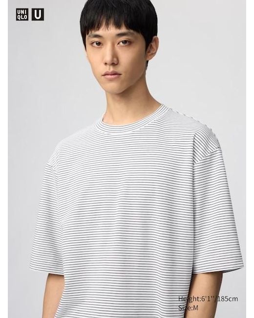 Uniqlo White Airism Cotton Oversized Crew Neck T-Shirt (Striped) for men