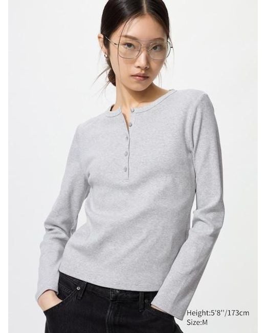 Uniqlo Gray Ribbed Henley Neck T-Shirt (Long Sleeve)