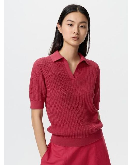 Uniqlo Red Cotton Pointelle Skipper Polo Jumper (Short Sleeve)