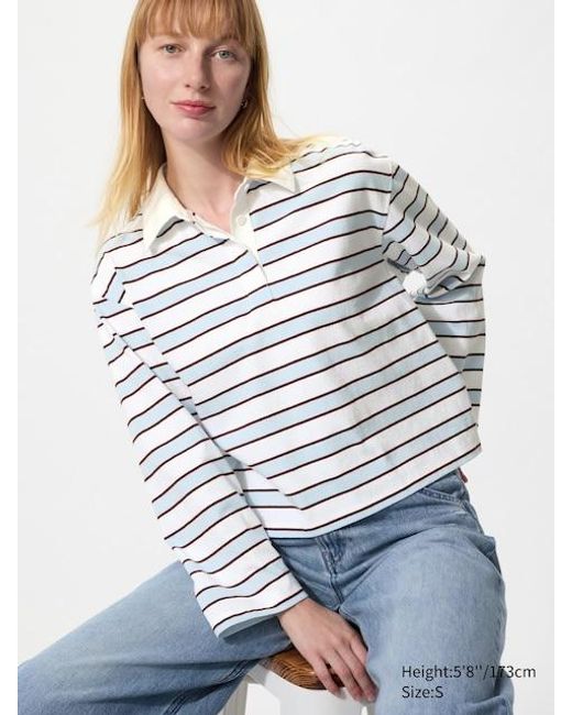 Uniqlo Blue Washed Cotton Polo Shirt (Striped, Long Sleeve)