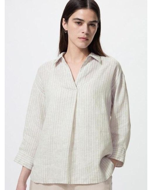 Uniqlo White 100% Premium Linen Skipper Collar Shirt (3/4 Sleeve, Striped)