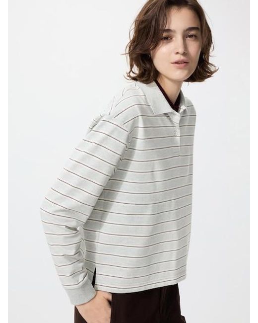 Uniqlo White Polo Shirt (Striped, Long Sleeve)