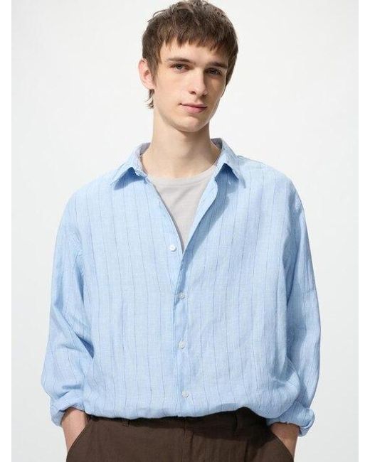 Uniqlo Blue 100% Premium Linen Shirt (Striped) for men