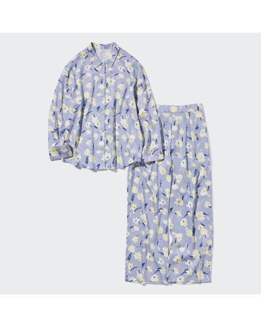 Uniqlo Blue Viskose gemusterter satin langarm pyjama
