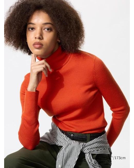Uniqlo Red 100% Merino Ribbed Turtleneck Jumper