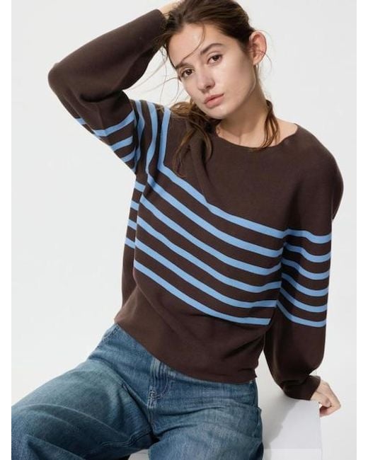 Uniqlo Black 3D Knit Seamless Cotton Crew Neck Volume Sleeve Jumper (Striped)