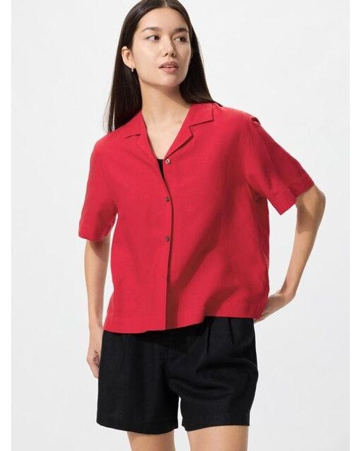 Uniqlo Red Linen Blend Open Collar Shirt (Short Sleeve)