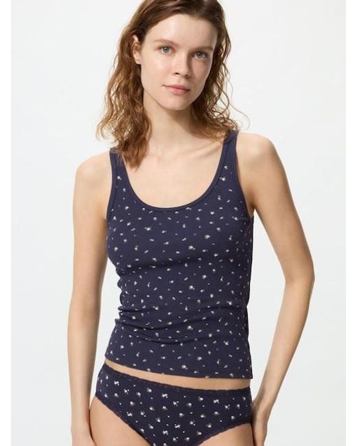 Uniqlo Blue Ribbed Sleeveless Top (Flowers)