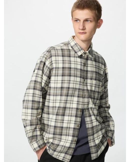 Uniqlo Gray Flannel Shirt (Regular Collar, Checked) for men