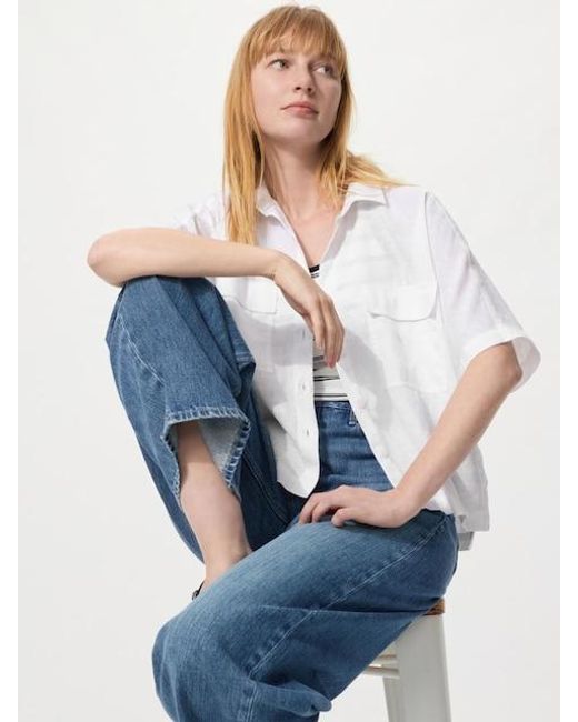 Uniqlo Blue 100% Premium Linen Skipper Collar Shirt (Boxy)
