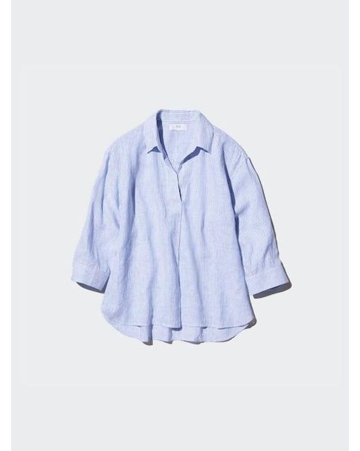 Uniqlo Blue 100% Premium Linen Skipper Collar Shirt (Stripe, 3/4 Sleeve)