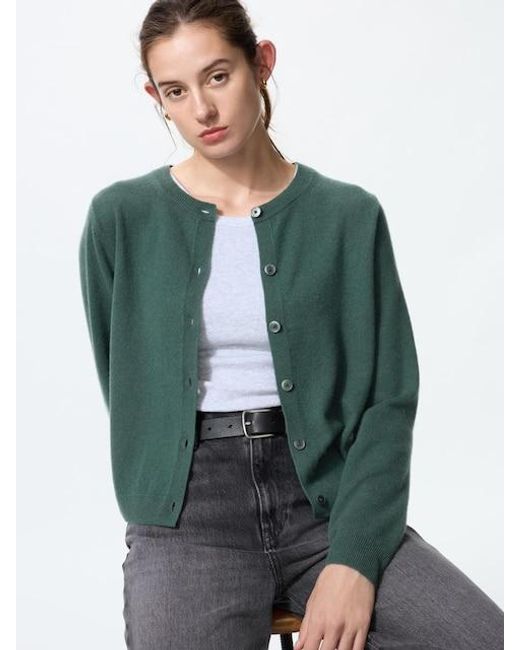 Uniqlo Green 100% Cashmere Crew Neck Short Cardigan