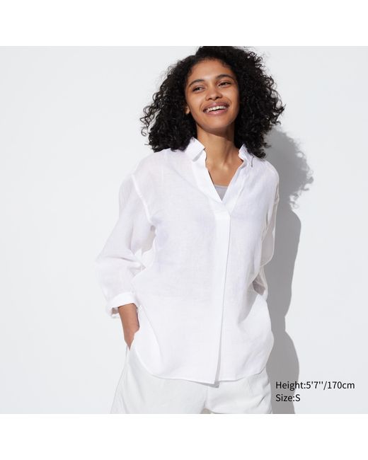 Uniqlo White 100 % premium leinen 3/4-arm bluse mit skipperkragen