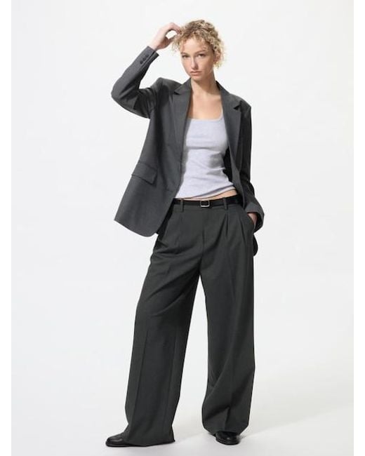 Uniqlo Gray Smart Pleated Wide Trousers (Longer) for men