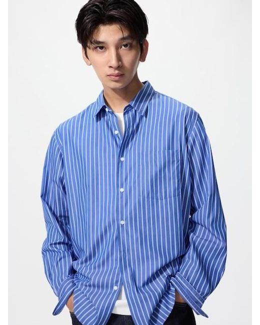 Uniqlo Blue Broadcloth Regular Fit Shirt (Regular Collar, Striped) for men