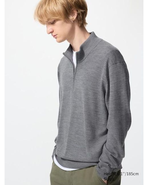 Uniqlo Gray 100% Merino Half-Zip Jumper for men