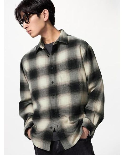 Uniqlo Gray Flannel Shirt (Regular Collar, Check) for men