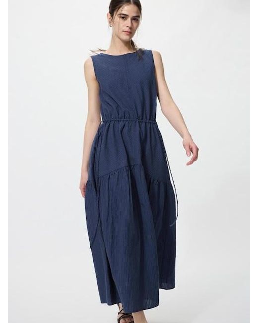 Uniqlo Blue Linen Blend Tiered Dress (Sleeveless, Striped)