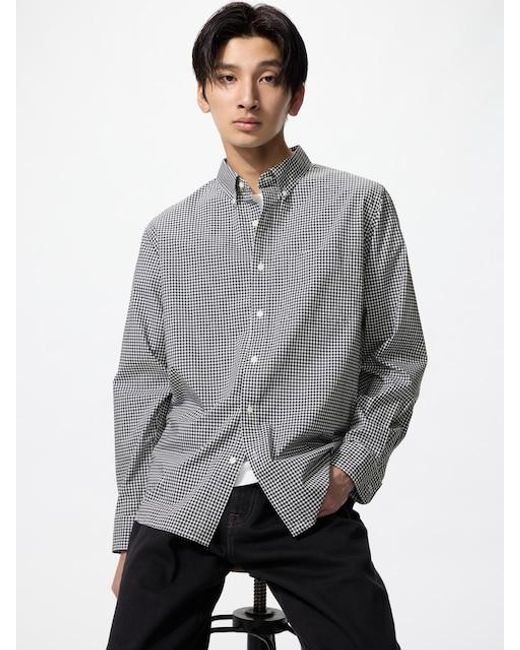 Uniqlo Gray Broadcloth Regular Fit Shirt (Button-Down Collar, Check) for men