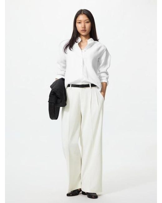 Uniqlo White Smart Pleated Wide Trousers for men