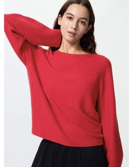 Uniqlo Red 3D Seamless Knit Cotton Crew Neck Volume Sleeve Jumper