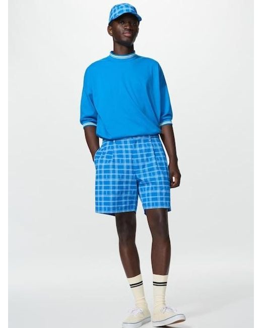 Uniqlo Blue Pleated Shorts (Checked) for men