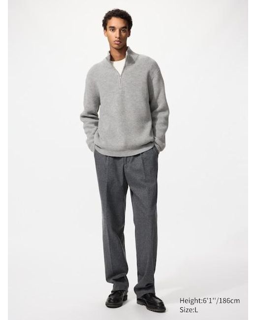Uniqlo Gray Pleated Wide Trousers (Brushed Jersey, Herringbone, Longer) for men
