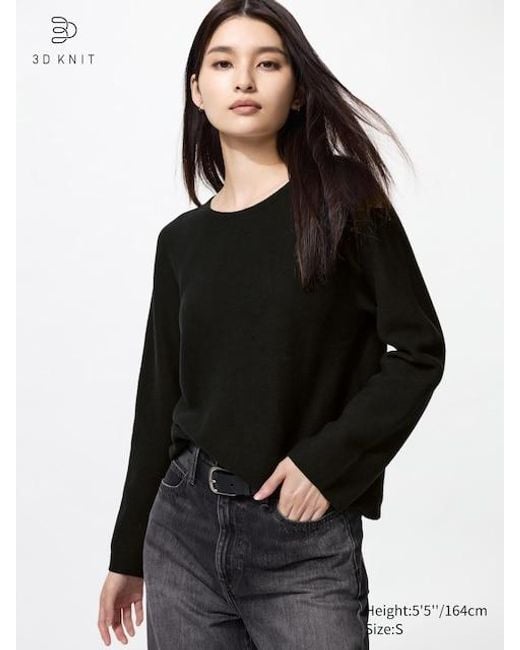Maglione Maglia 3D Senza Cuciture Cotone Girocollo di Uniqlo in Black