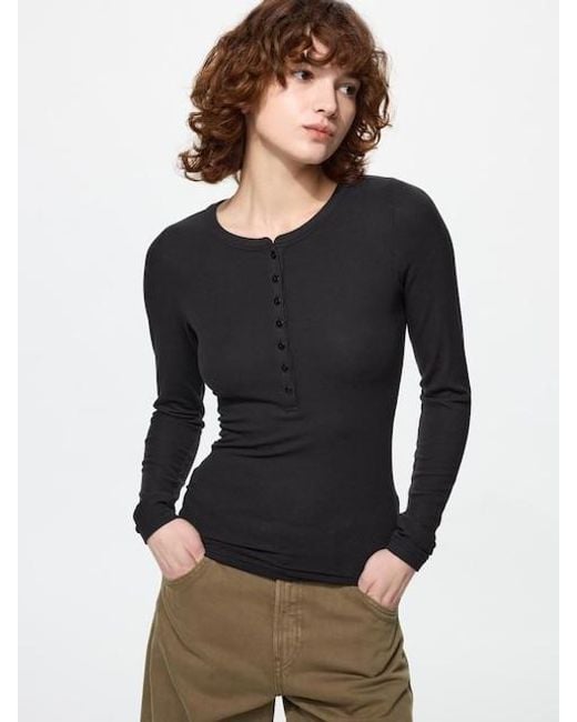 Uniqlo Black Heattech Extra Warm Cashmere Blend Henley T-Shirt