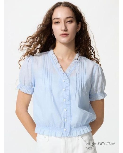 Uniqlo Blue Cotton Dobby V Neck Blouse (Short Sleeve)
