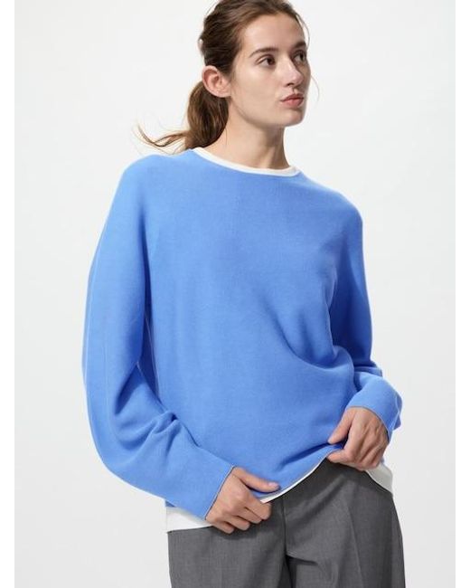 Uniqlo Blue 3D Seamless Knit Cotton Crew Neck Volume Sleeve Jumper