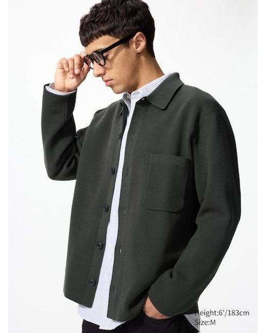 Uniqlo Black Milano Ribbed Shirt Collar Cardigan for men