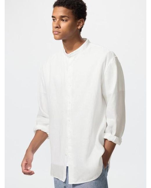 Uniqlo White 100% Premium Linen Shirt (Stand Collar) for men