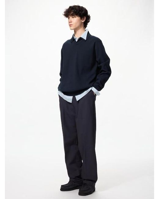 Uniqlo Blue Pleated Wide Trousers (Longer) for men